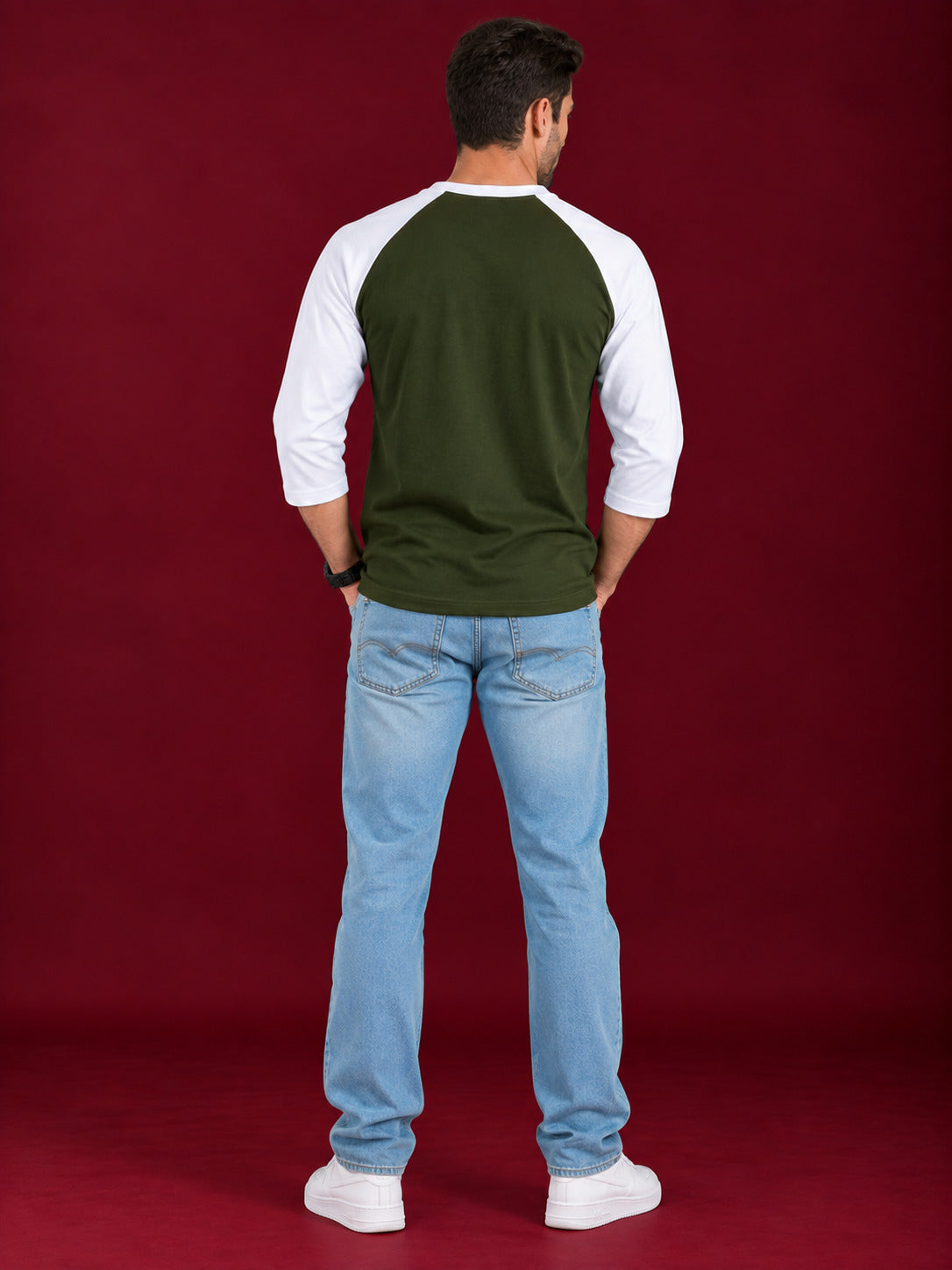 TeeVybe Men’s Feel The Vibe Graphic Printed Olive Green & White Raglan Full Sleeve T-Shirt