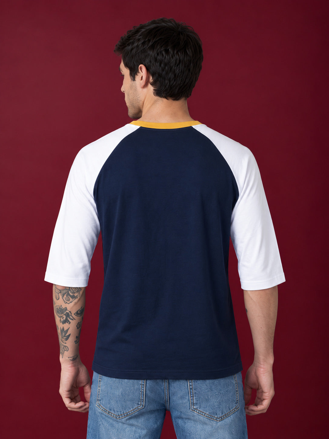 TeeVybe Men’s Navy Blue & White 3/4 Sleeve Raglan T-Shirt with Yellow Contrast Neck