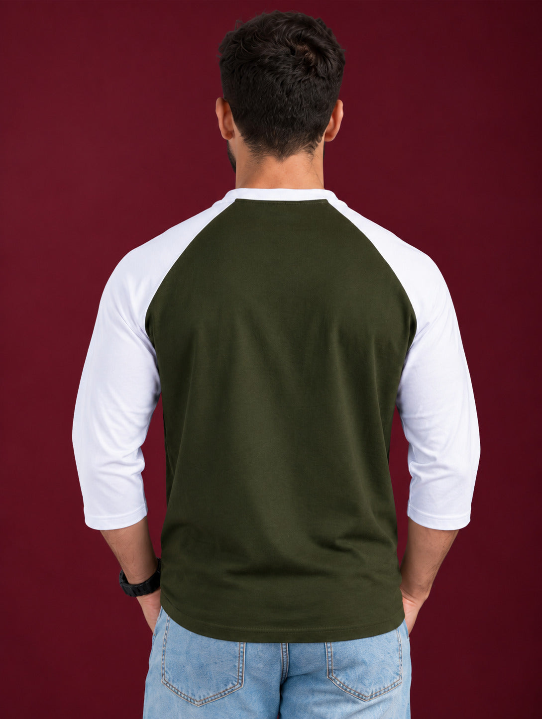 TeeVybe Men’s Olive Green & White 3/4 Sleeve Raglan T-Shirt | Regular Fit Round Neck Cotton Tee