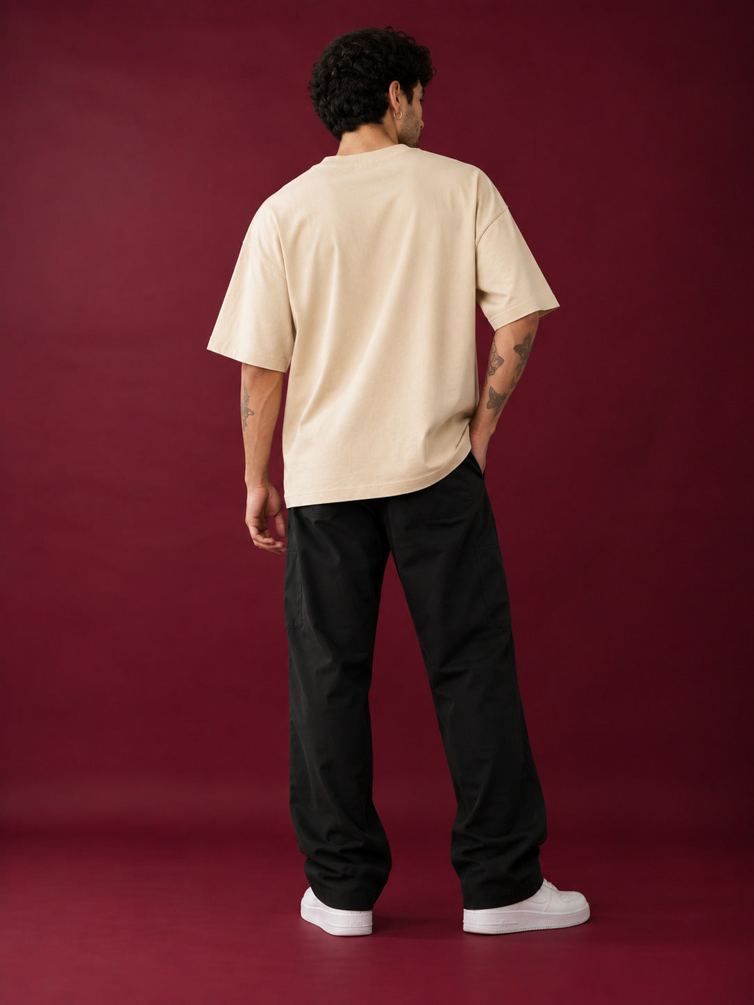 TeeVybe Men’s Beige Graphic Printed Oversized T-Shirt | Just Chill Cartoon Print Casual Streetwear Tee