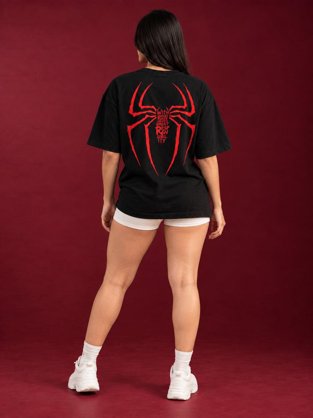 TeeVybe Women’s Black Spiderman Graphic Printed Oversized T-Shirt | Front & Back Print Streetwear Tee