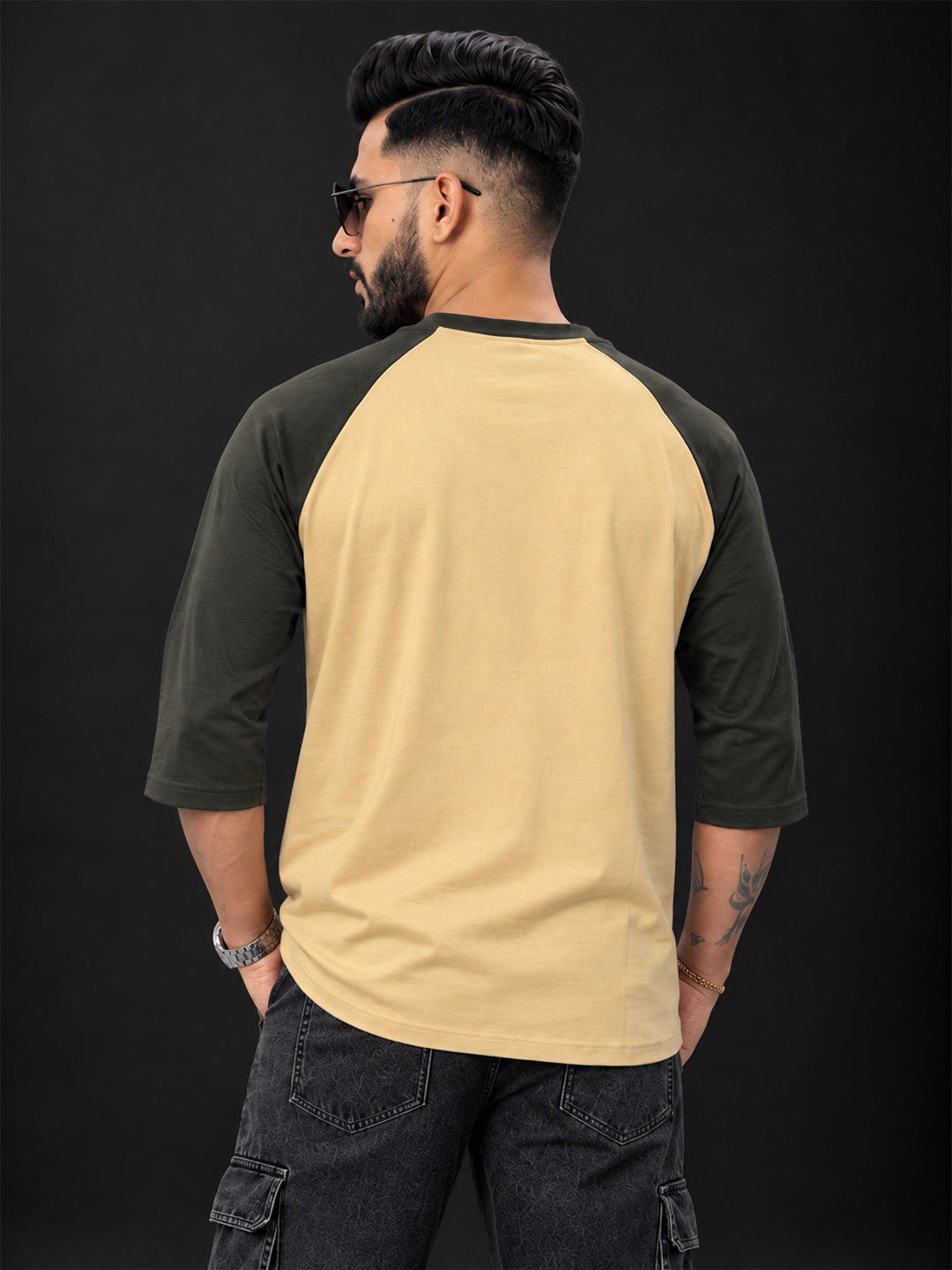 TeeVybe Men’s Texas Athletic Graphic Printed Beige & Black Raglan 3/4 Sleeve T-Shirt
