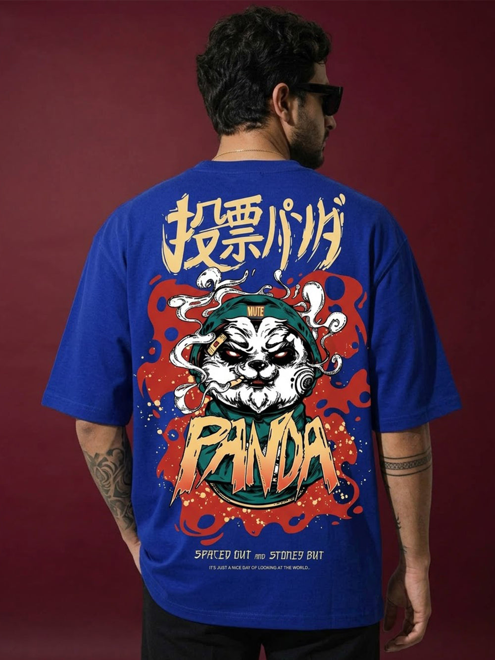 TeeVybe Men’s Royal Blue Oversized Round Neck T-Shirt with Printed Panda Chest Graphic