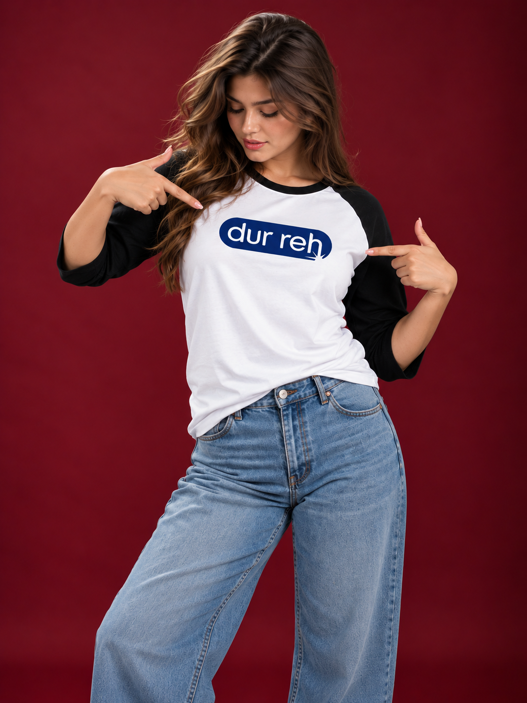 TeeVybe Women’s Dur Reh Graphic Printed White & Black Raglan 3/4 Sleeve T-Shirt