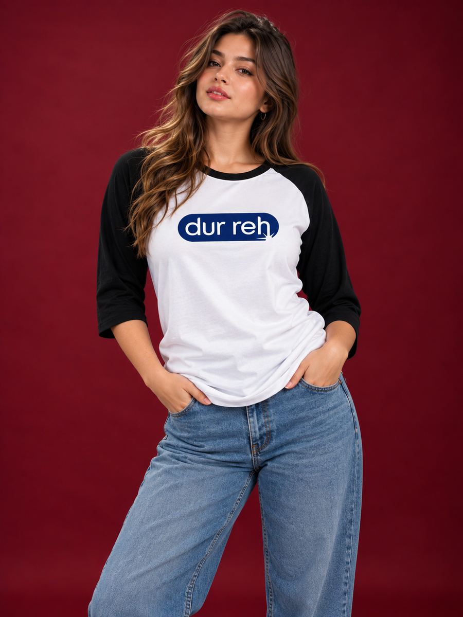 TeeVybe Women’s Dur Reh Graphic Printed White & Black Raglan 3/4 Sleeve T-Shirt