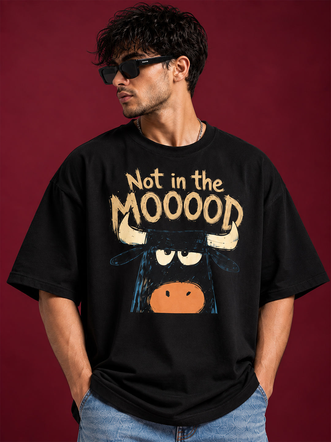 TeeVybe Men’s Black Graphic Printed Oversized Round Neck T-Shirt