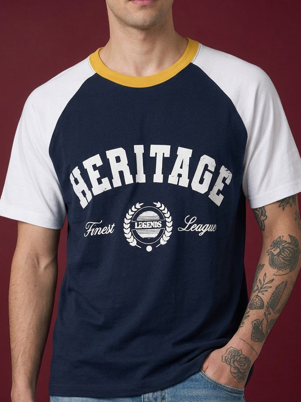 TeeVybe Men’s Navy Blue & White Raglan Sleeve Graphic Printed Round Neck T-Shirt