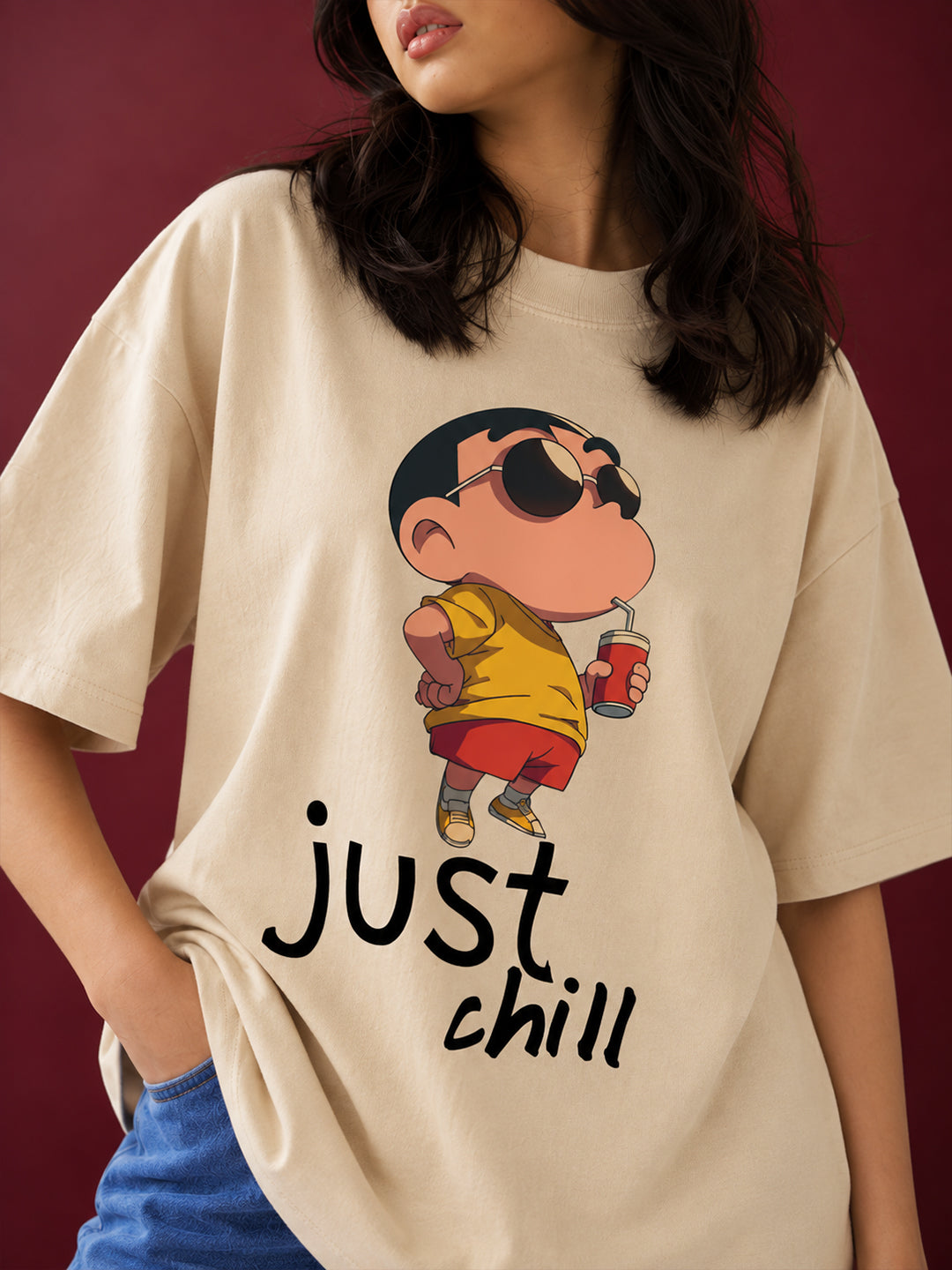 TeeVybe Women’s Beige Printed Oversized T-Shirt | Just Chill Cartoon Graphic Casual Tee
