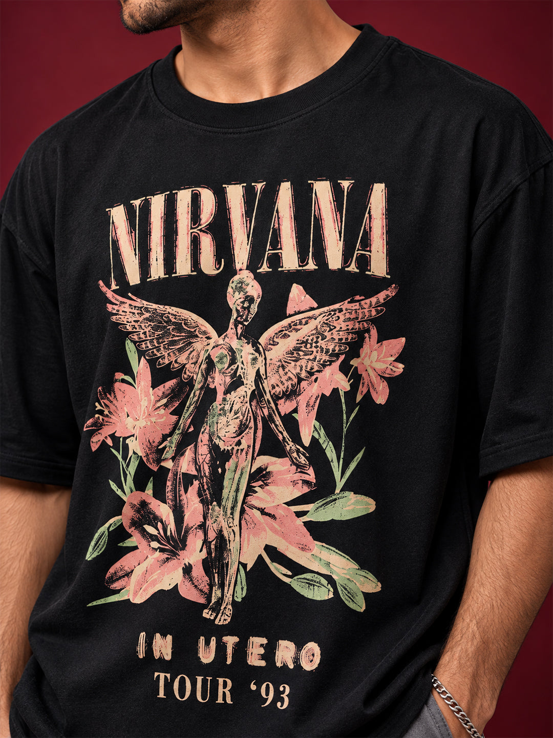TeeVybe Men’s Black Graphic Printed Oversized Round Neck T-Shirt | Nirvana Angel Floral Graphic