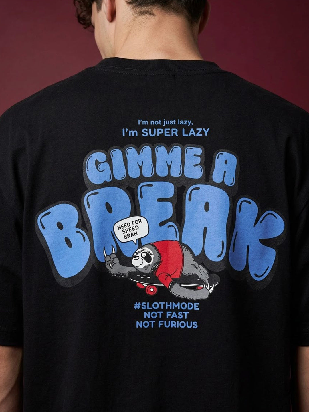 TeeVybe Men’s Black Graphic Printed Oversized Round Neck T-Shirt | Super Lazy Sloth Back Print