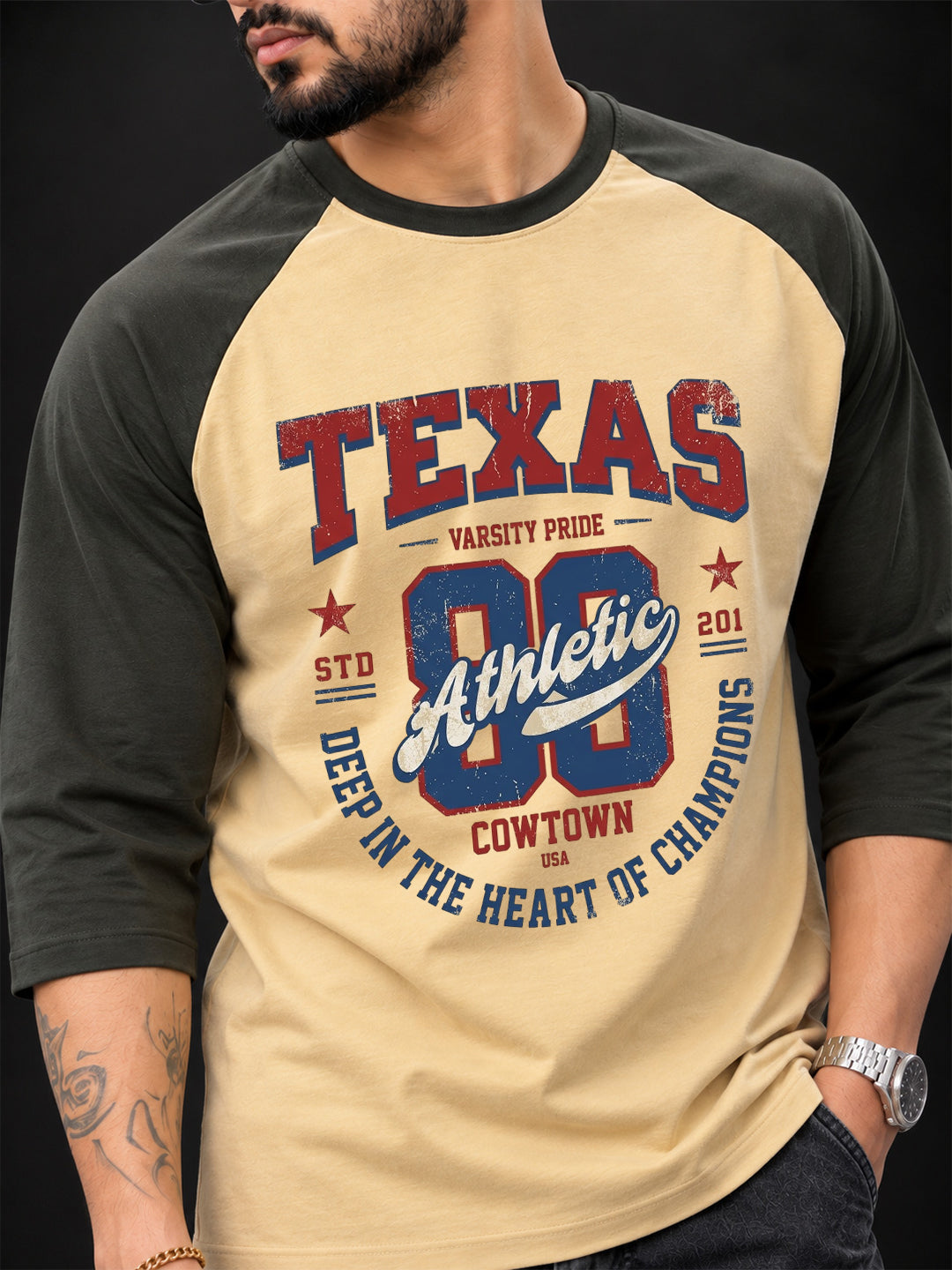 TeeVybe Men’s Texas Athletic Graphic Printed Beige & Black Raglan 3/4 Sleeve T-Shirt