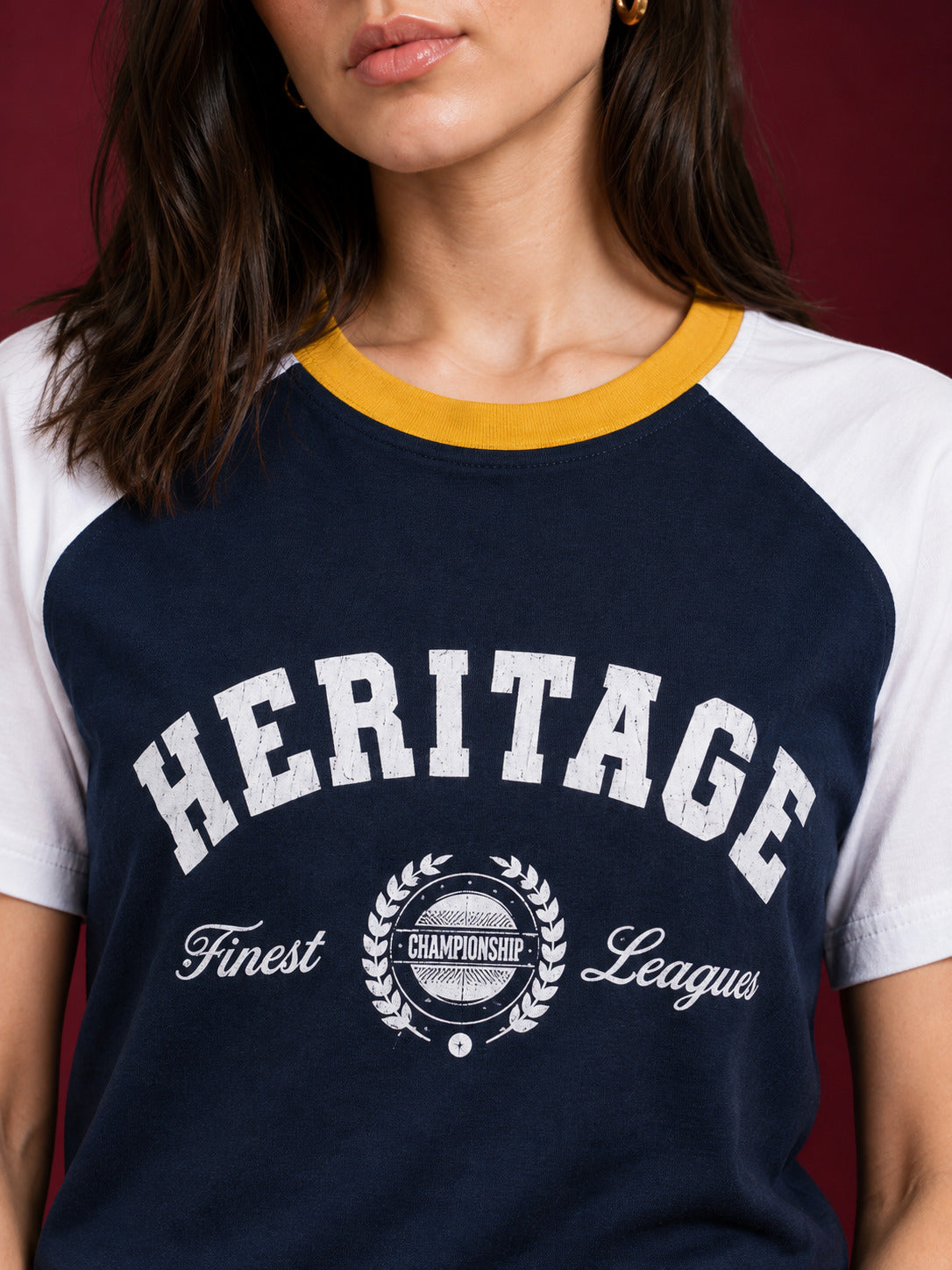 TeeVybe Women’s Navy Blue & White Raglan Sleeve Graphic Printed Round Neck T-Shirt