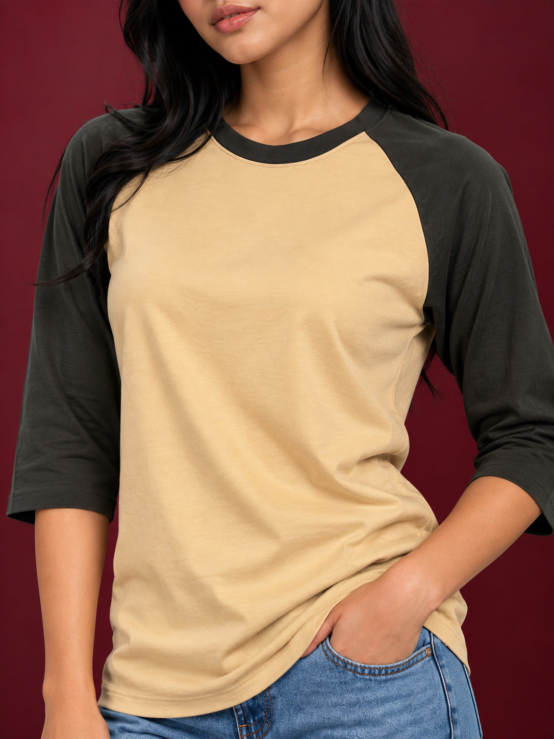 TeeVybe Women’s Beige & Olive Green 3/4 Sleeve Raglan T-Shirt | Round Neck Casual T-Shirt