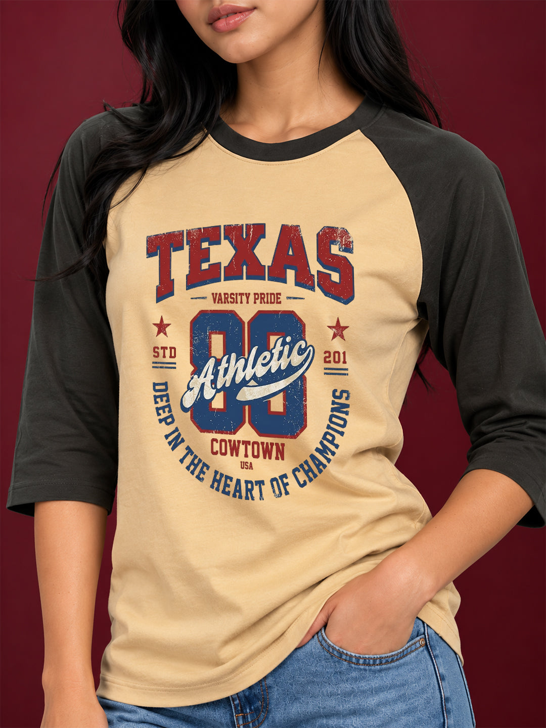 TeeVybe Women’s Texas Athletic Graphic Printed Beige & Black Raglan 3/4 Sleeve T-Shirt