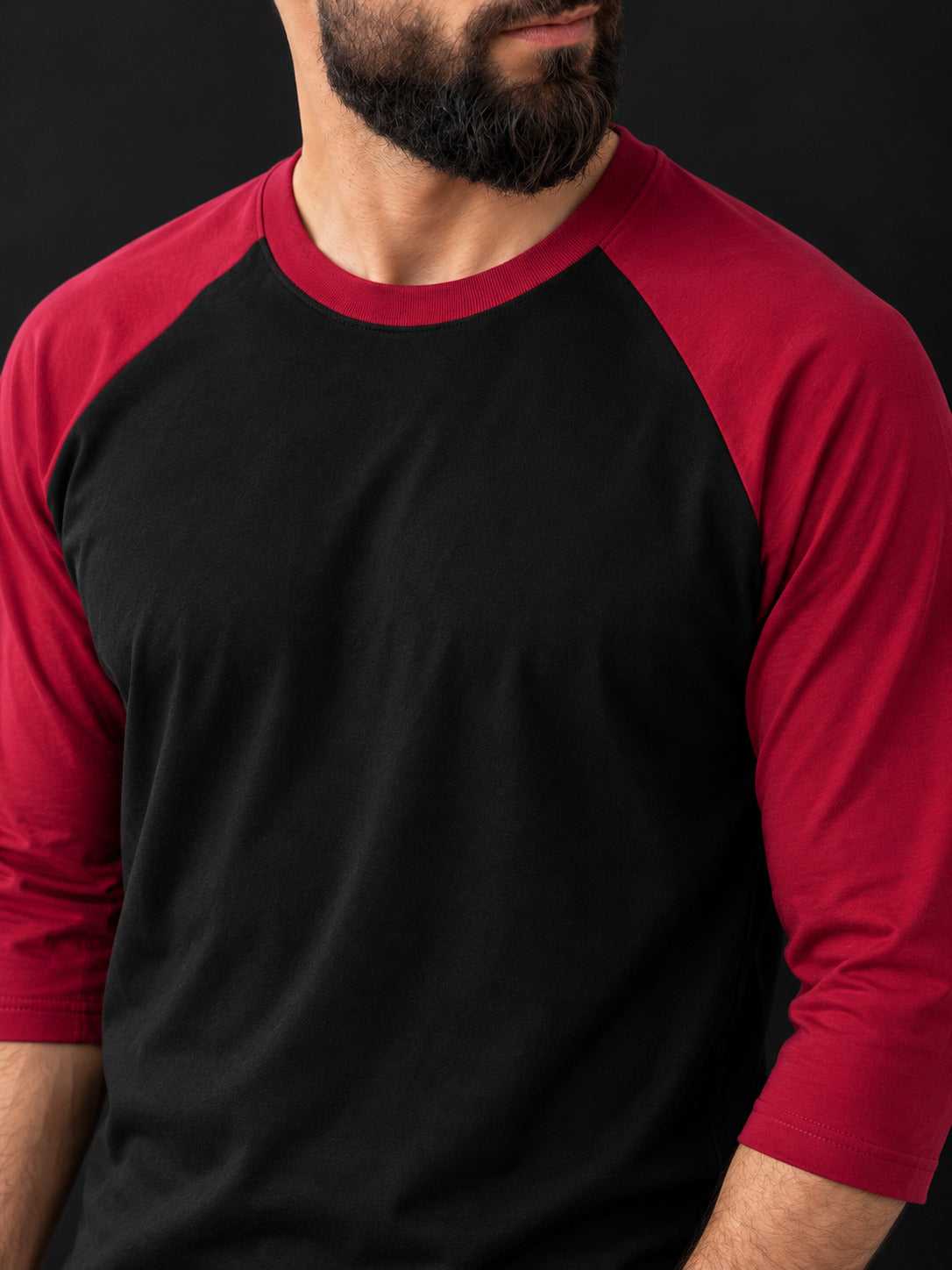 TeeVybe Men’s Black & Maroon 3/4 Sleeve Raglan T-Shirt | Regular Fit Round Neck Casual Tee
