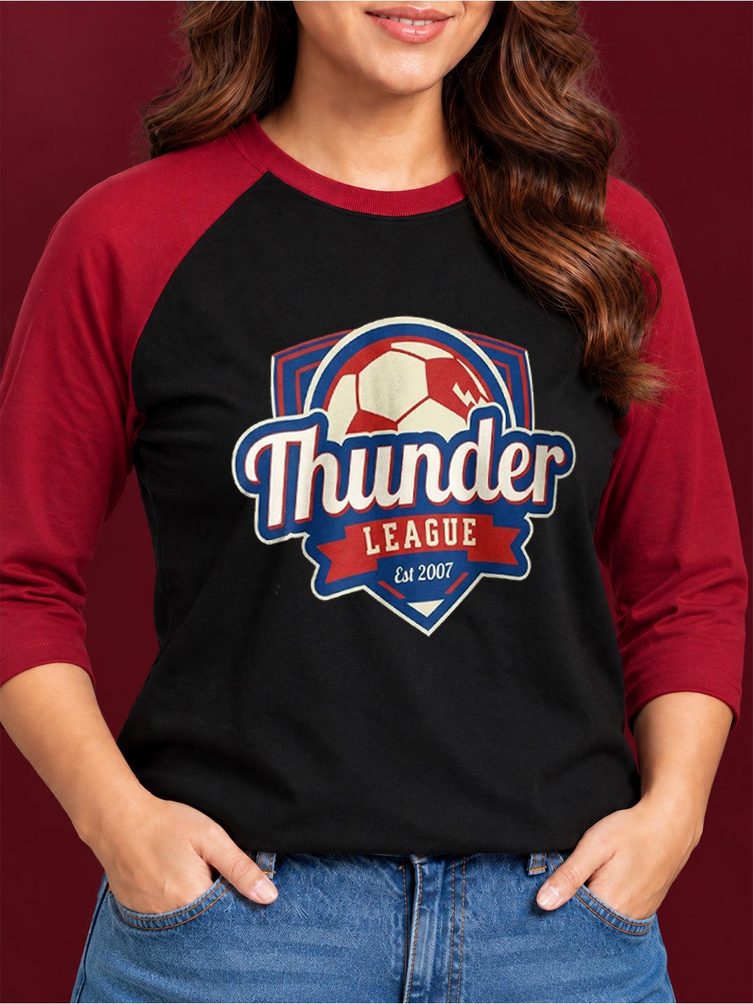TeeVybe Women’s Thunder League Graphic Printed Raglan 3/4 Sleeve T-Shirt | Black & Red