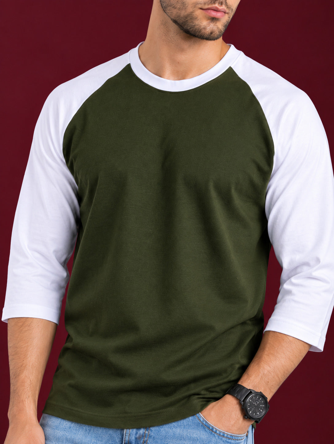 TeeVybe Men’s Olive Green & White 3/4 Sleeve Raglan T-Shirt | Regular Fit Round Neck Cotton Tee