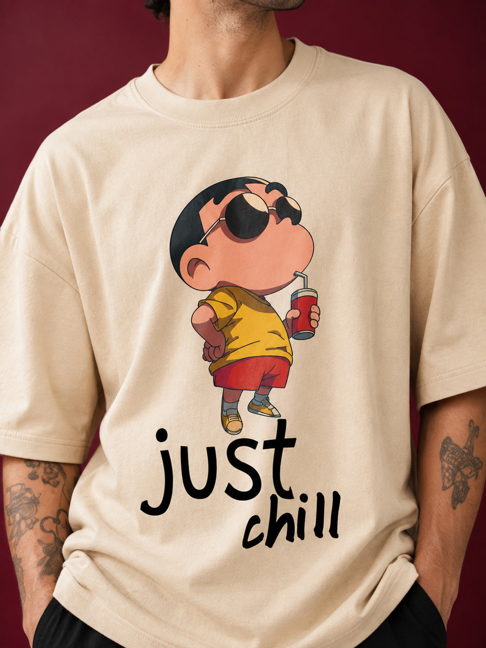 TeeVybe Men’s Beige Graphic Printed Oversized T-Shirt | Just Chill Cartoon Print Casual Streetwear Tee
