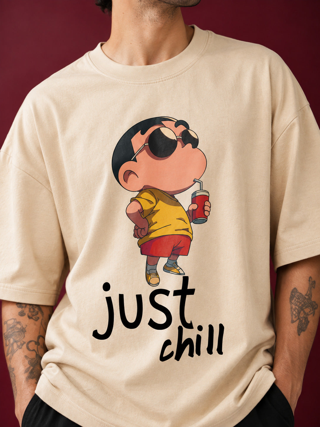 TeeVybe Men’s Beige Graphic Printed Oversized T-Shirt | Just Chill Cartoon Print Casual Streetwear Tee