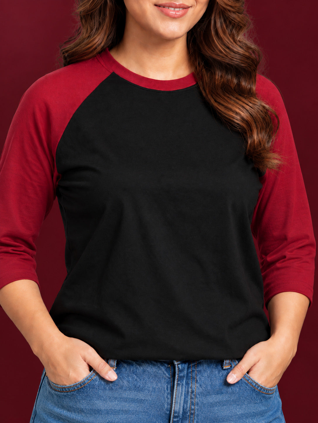 TeeVybe Women’s Black & Maroon 3/4 Sleeve Raglan T-Shirt | Regular Fit Round Neck Casual Tee