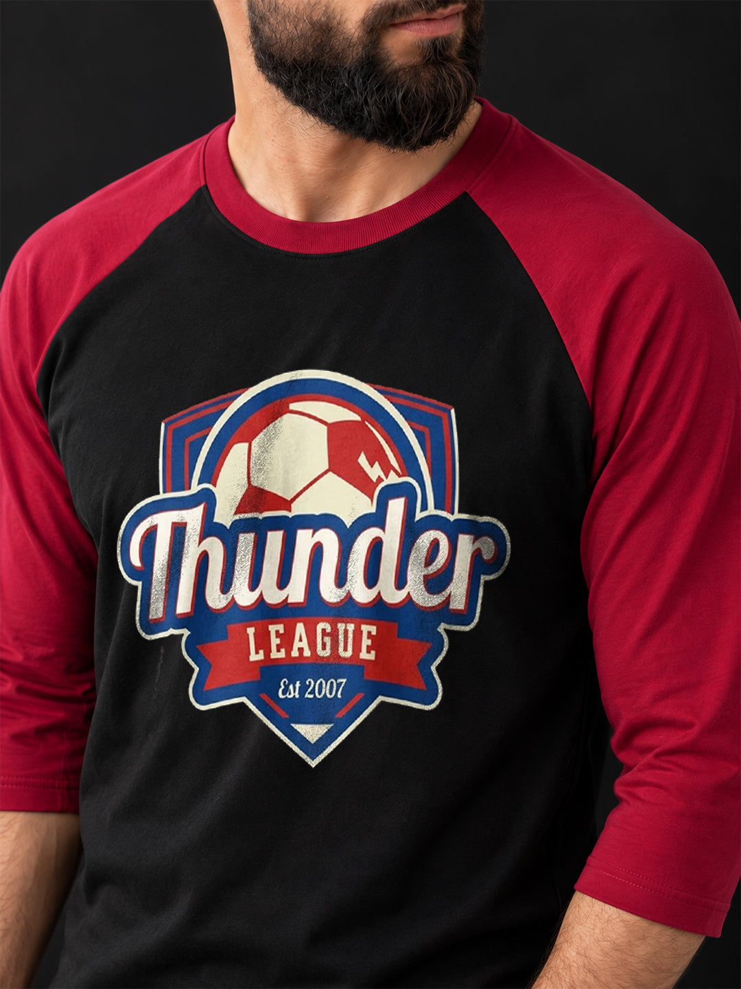TeeVybe Men’s Thunder League Graphic Printed Raglan 3/4 Sleeve T-Shirt | Black & Red