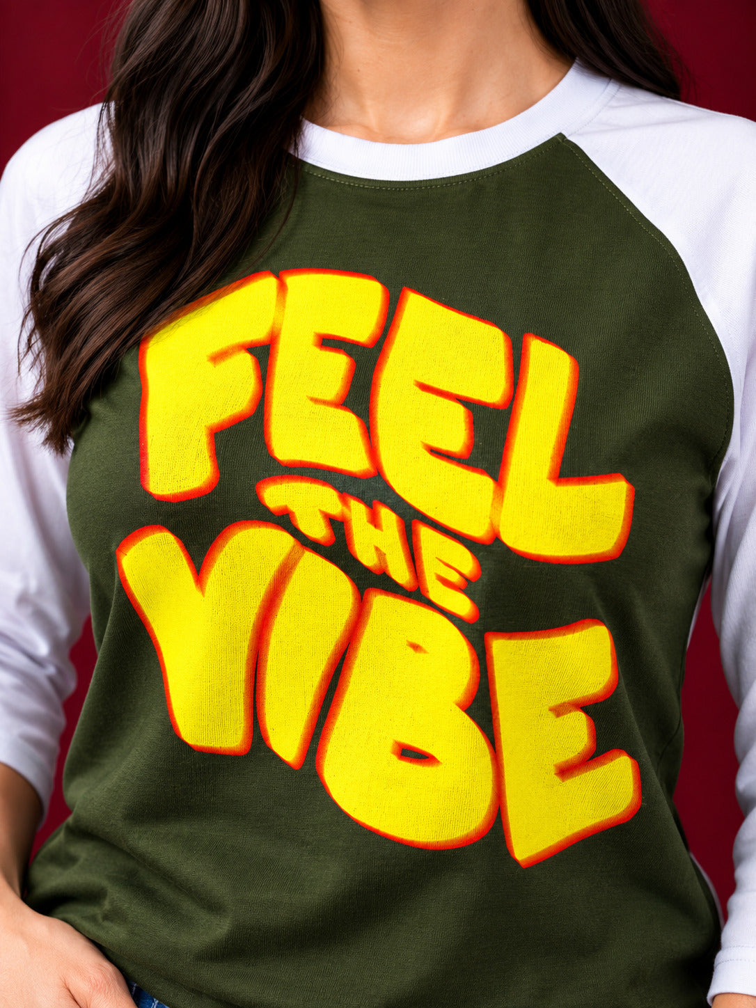 TeeVybe Women’s Feel The Vibe Graphic Printed Olive Green & White Raglan Full Sleeve T-Shirt