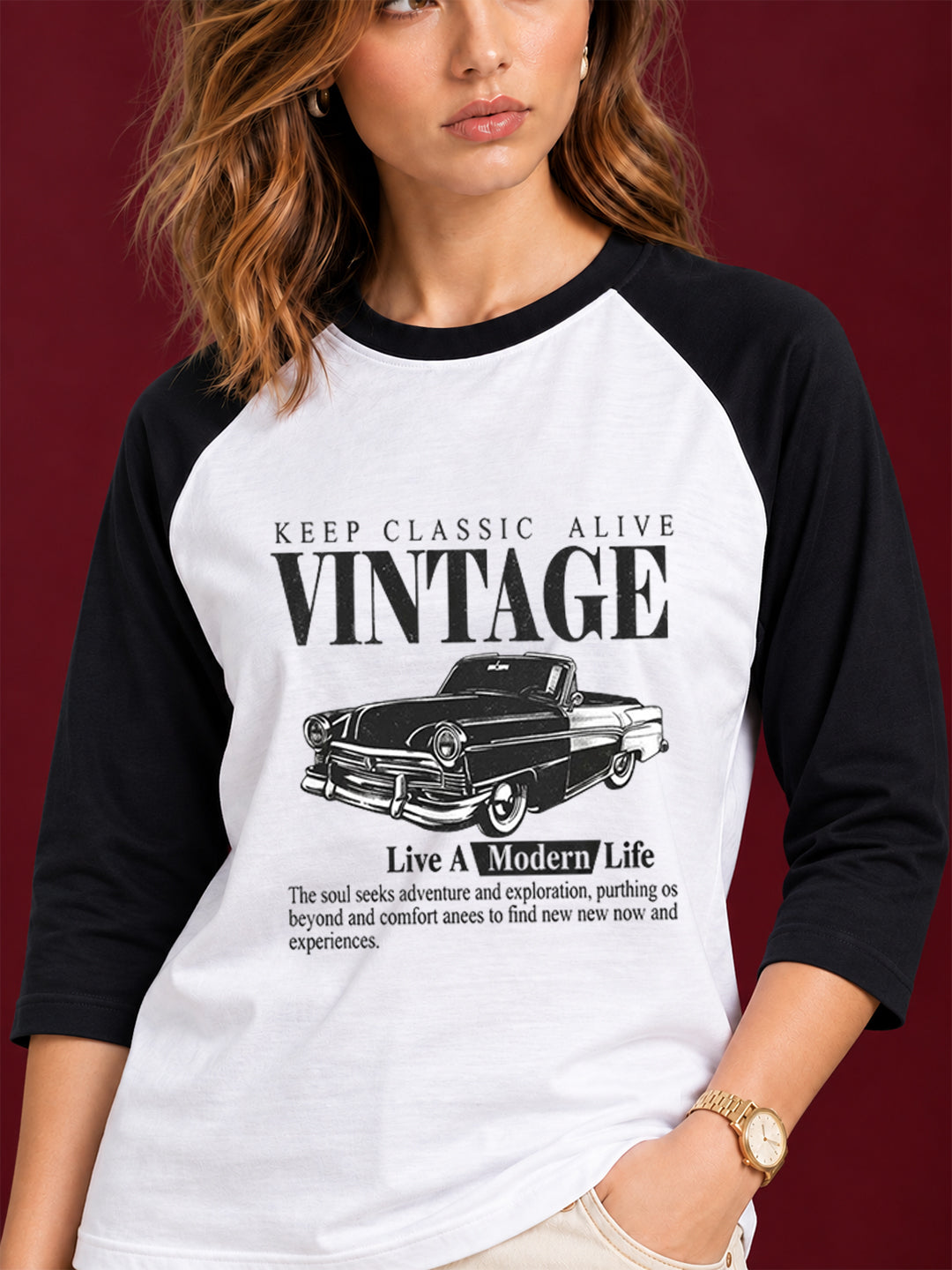 TeeVybe Women’s Vintage Car Graphic Printed Raglan 3/4 Sleeve T-Shirt | White & Black