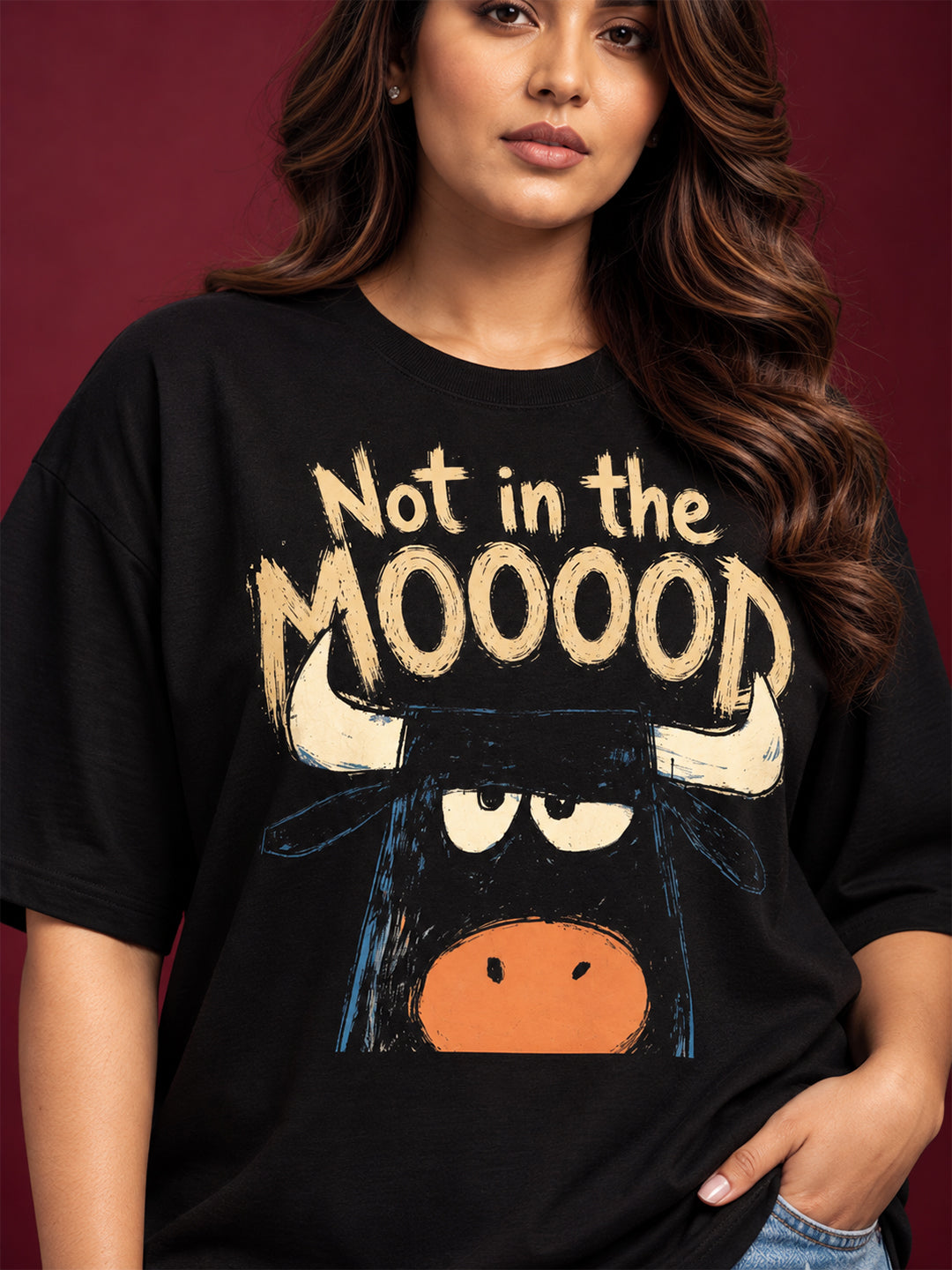 TeeVybe Women’s Black Graphic Printed Oversized Round Neck T-Shirt | Not in the MOOOOD Cow Print