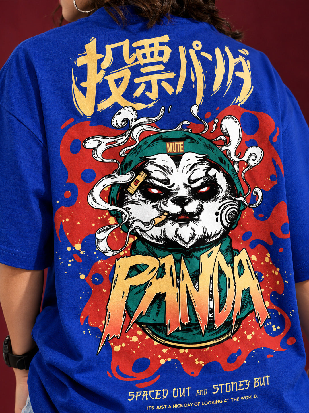 TeeVybe Women’s Royal Blue Oversized Round Neck T-Shirt with Printed Panda Chest Graphic
