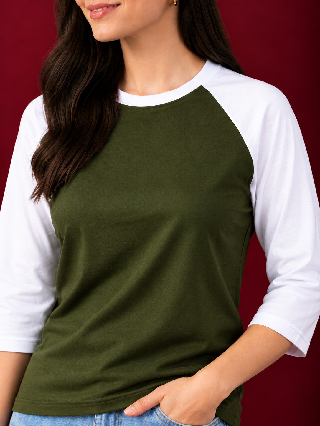 TeeVybe Women’s Olive Green & White 3/4 Sleeve Raglan T-Shirt | Regular Fit Round Neck Casual Tee