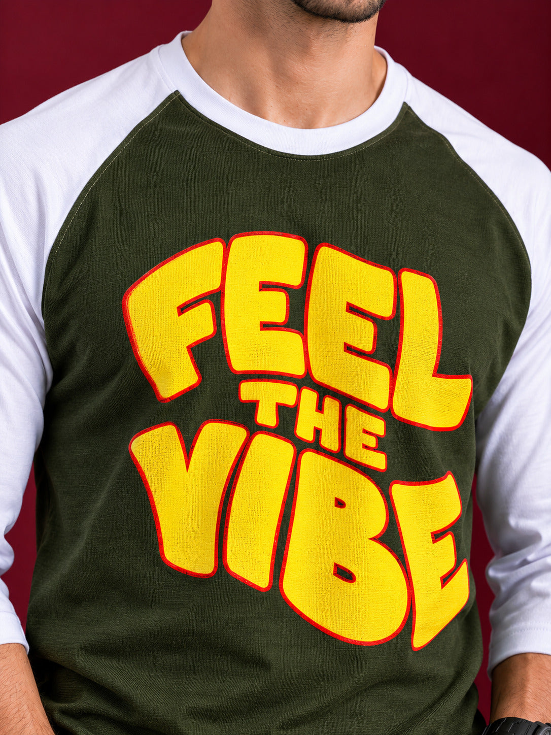TeeVybe Men’s Feel The Vibe Graphic Printed Olive Green & White Raglan Full Sleeve T-Shirt