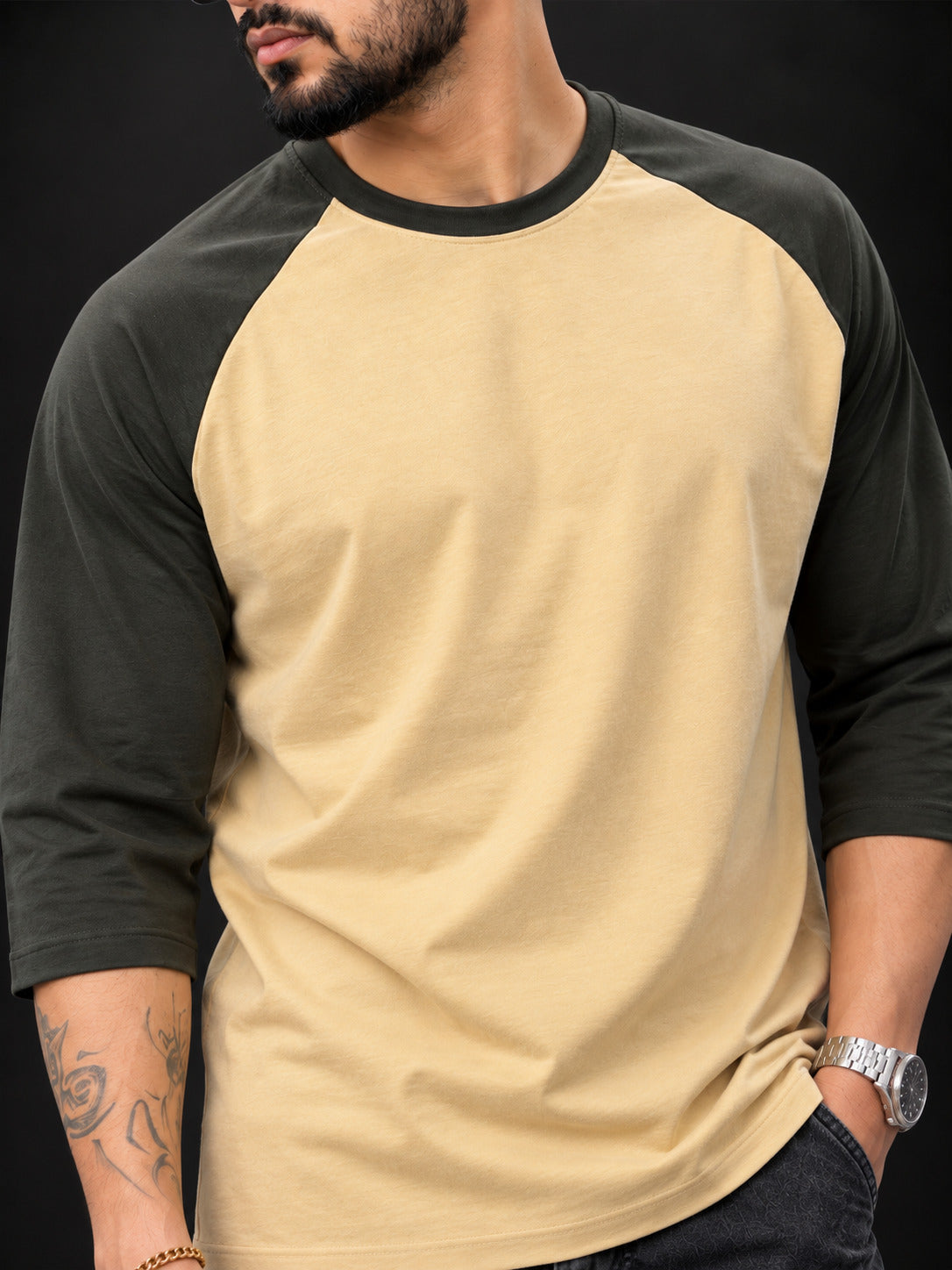 TeeVybe Men’s Beige & Olive Green 3/4 Sleeve Raglan T-Shirt | Round Neck Casual T-Shirt