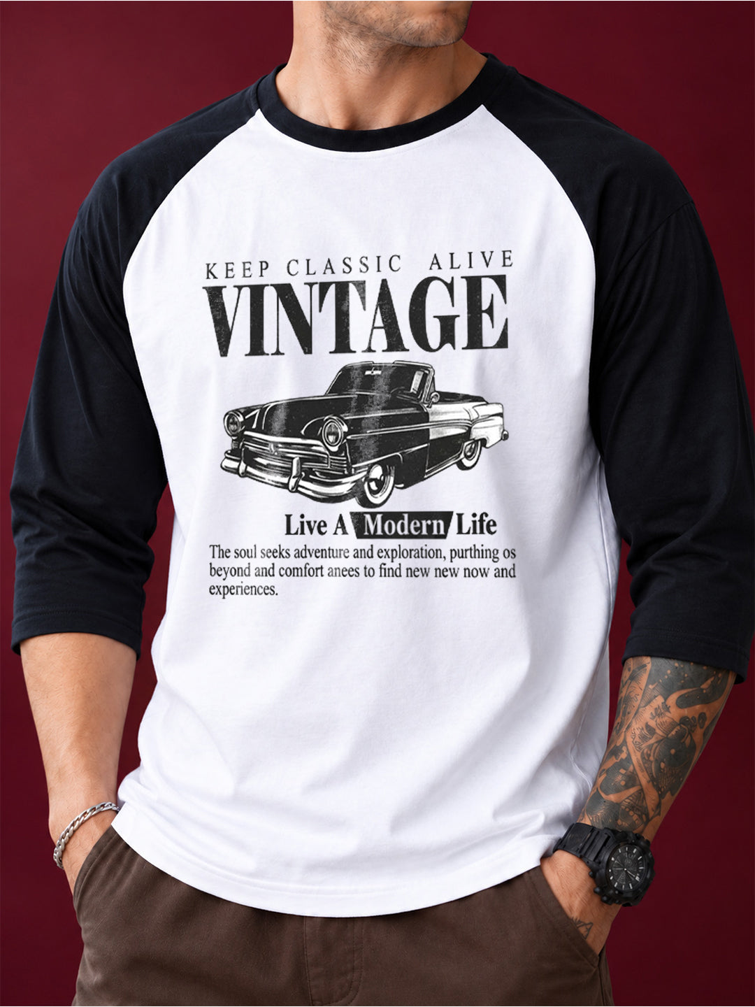 TeeVybe Men’s Vintage Car Graphic Printed Raglan 3/4 Sleeve T-Shirt | White & Black