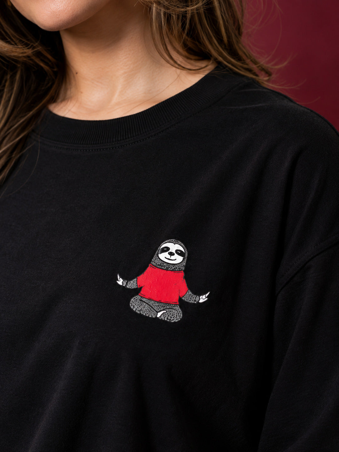 TeeVybe Women’s Black Graphic Printed Oversized Round Neck T-Shirt | Super Lazy Sloth Back Print