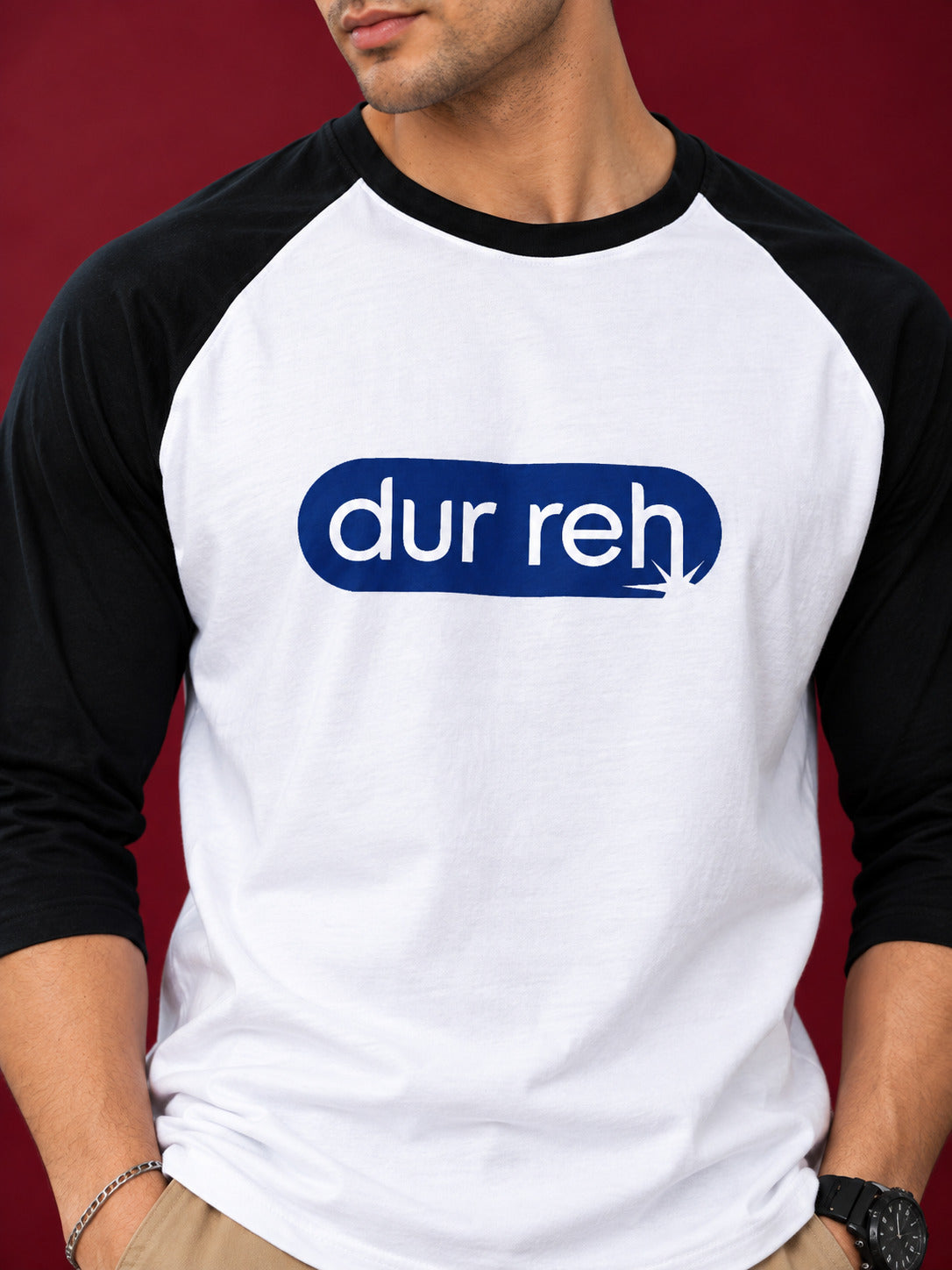 TeeVybe Men’s Dur Reh Graphic Printed White & Black Raglan 3/4 Sleeve T-Shirt