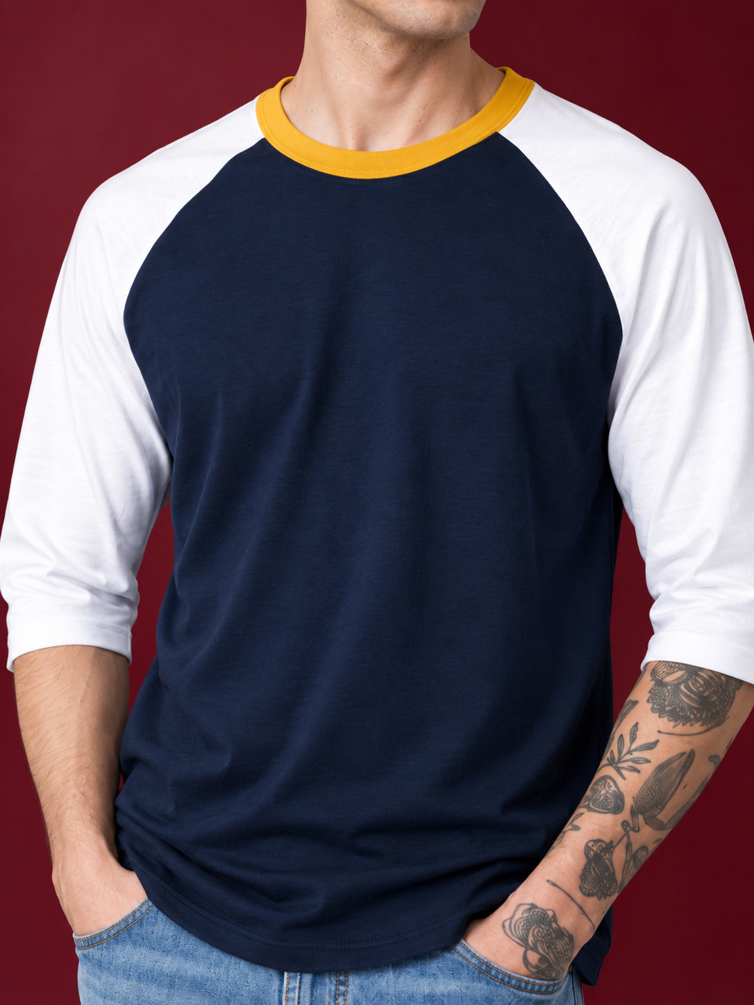 TeeVybe Men’s Navy Blue & White 3/4 Sleeve Raglan T-Shirt with Yellow Contrast Neck