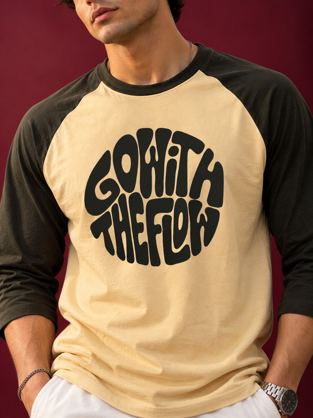 TeeVybe Men’s Beige & Black Raglan Full Sleeve Graphic Printed Round Neck T-Shirt – “Go With The Flow”