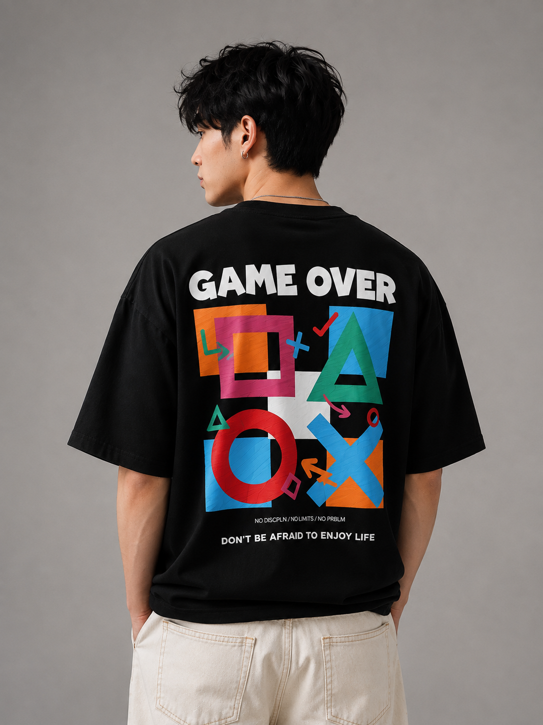 TEEVYBE Men’s Oversized Cotton T-Shirt | Game Over Graphic Print | Relaxed Fit Casual Half Sleeve T-Shirt