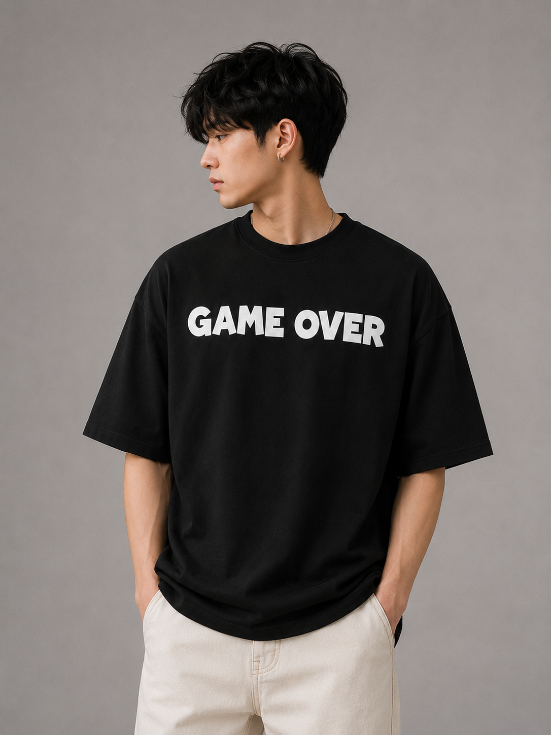 TEEVYBE Men’s Oversized Cotton T-Shirt | Game Over Graphic Print | Relaxed Fit Casual Half Sleeve T-Shirt