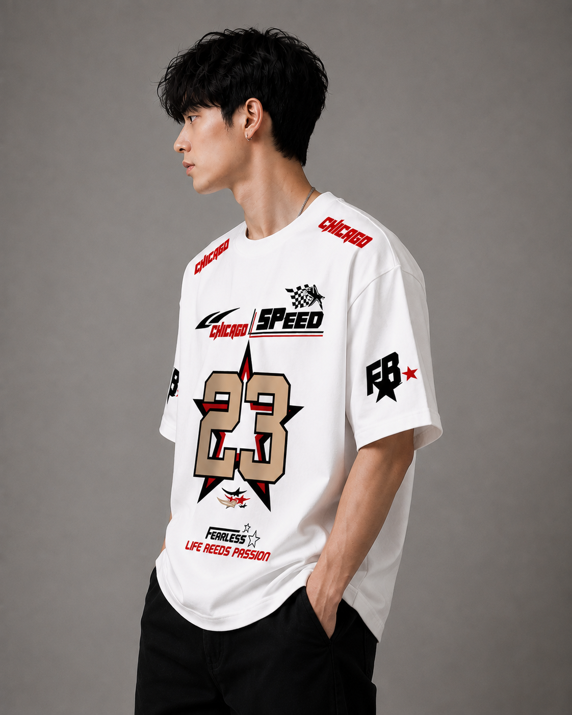 TEEVYBE Men’s Oversized Cotton T-Shirt | Chicago Speed 23 Graphic Print | Relaxed Fit Casual Half Sleeve T-Shirt