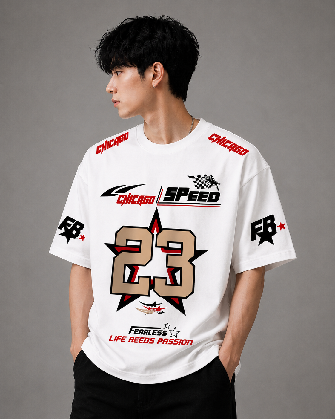 TEEVYBE Men’s Oversized Cotton T-Shirt | Chicago Speed 23 Graphic Print | Relaxed Fit Casual Half Sleeve T-Shirt