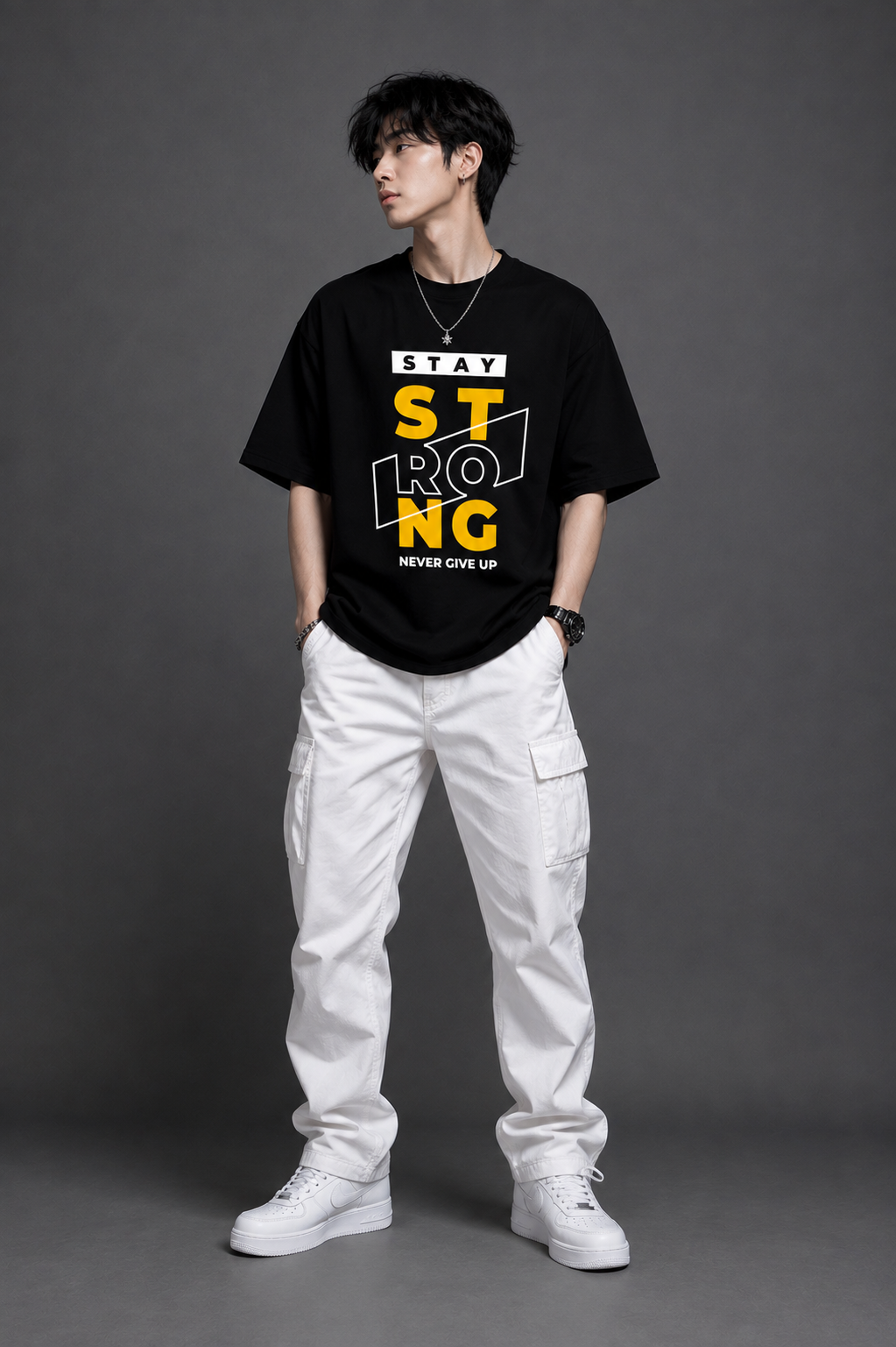 TEEVYBE Men’s Oversized Cotton T-Shirt | Stay Strong Graphic Print | Relaxed Fit Casual Half Sleeve T-Shirt