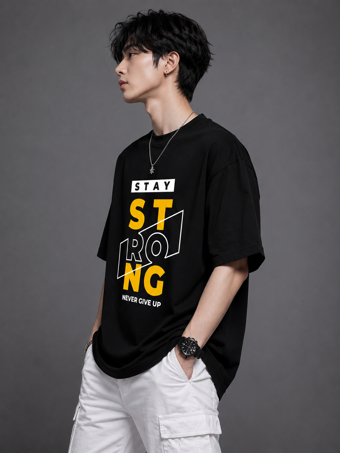 TEEVYBE Men’s Oversized Cotton T-Shirt | Stay Strong Graphic Print | Relaxed Fit Casual Half Sleeve T-Shirt