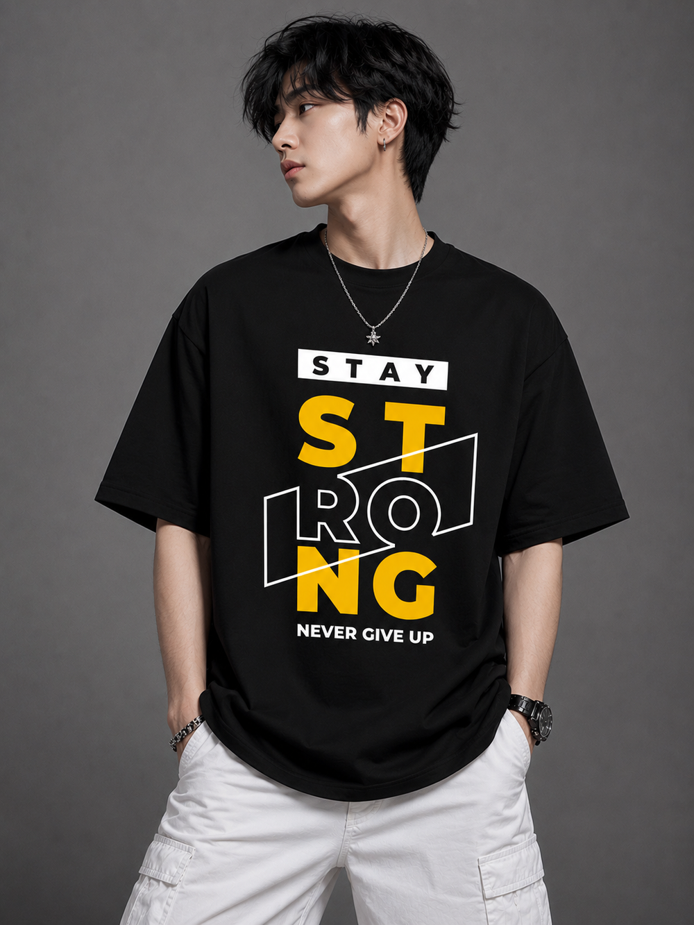 TEEVYBE Men’s Oversized Cotton T-Shirt | Stay Strong Graphic Print | Relaxed Fit Casual Half Sleeve T-Shirt