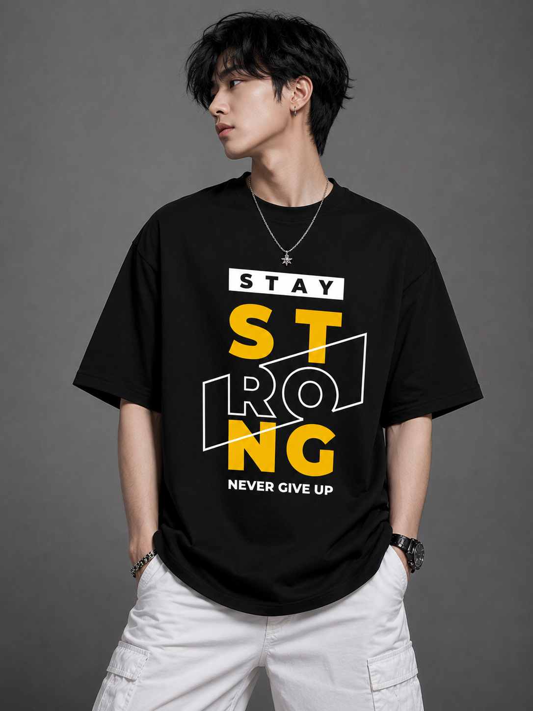 TEEVYBE Men’s Oversized Cotton T-Shirt | Stay Strong Graphic Print | Relaxed Fit Casual Half Sleeve T-Shirt