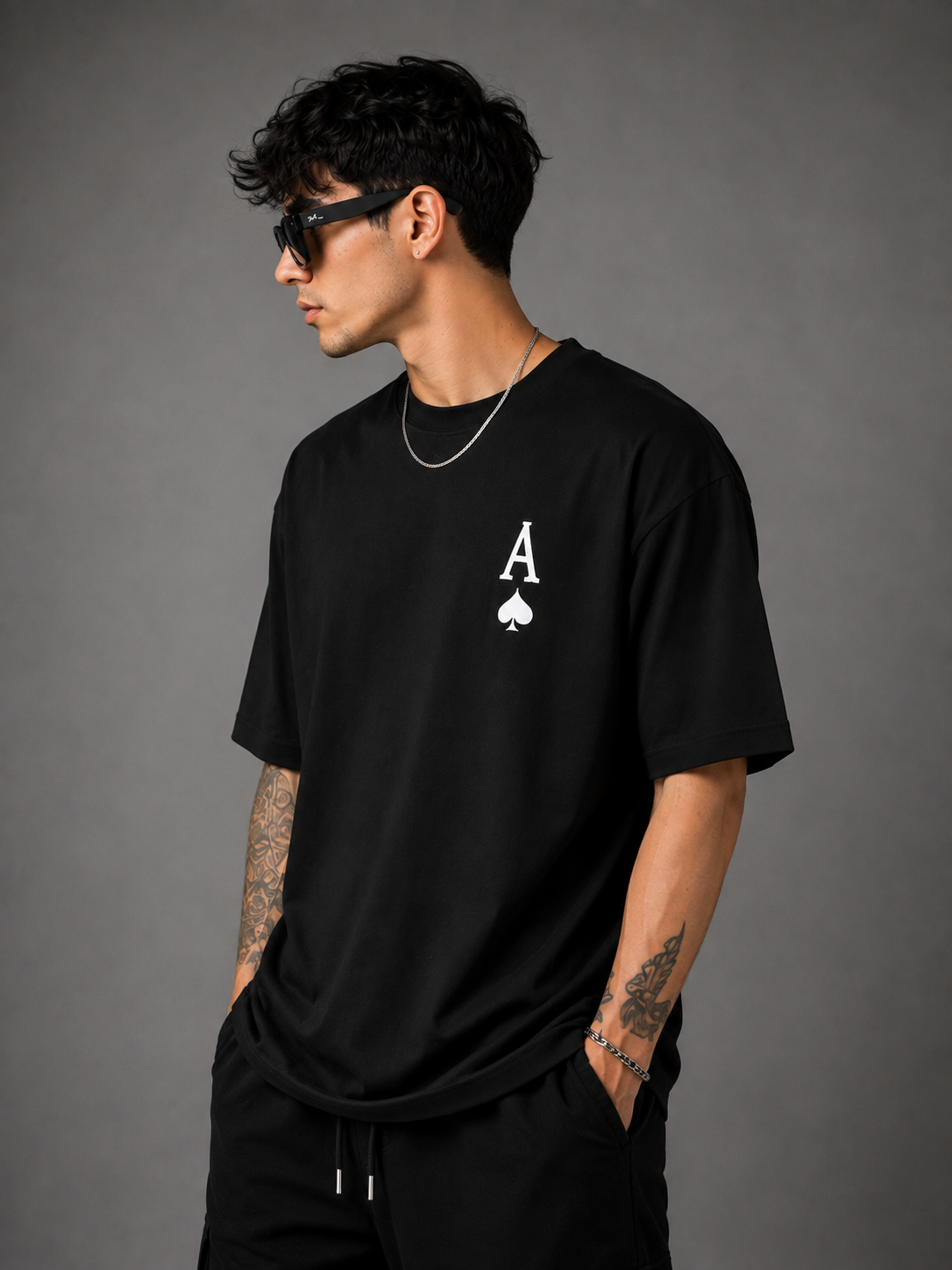 TEEVYBE Men’s Oversized Cotton T-Shirt | Ace of Spades Graphic Print | Relaxed Fit Casual Half Sleeve T-Shirt