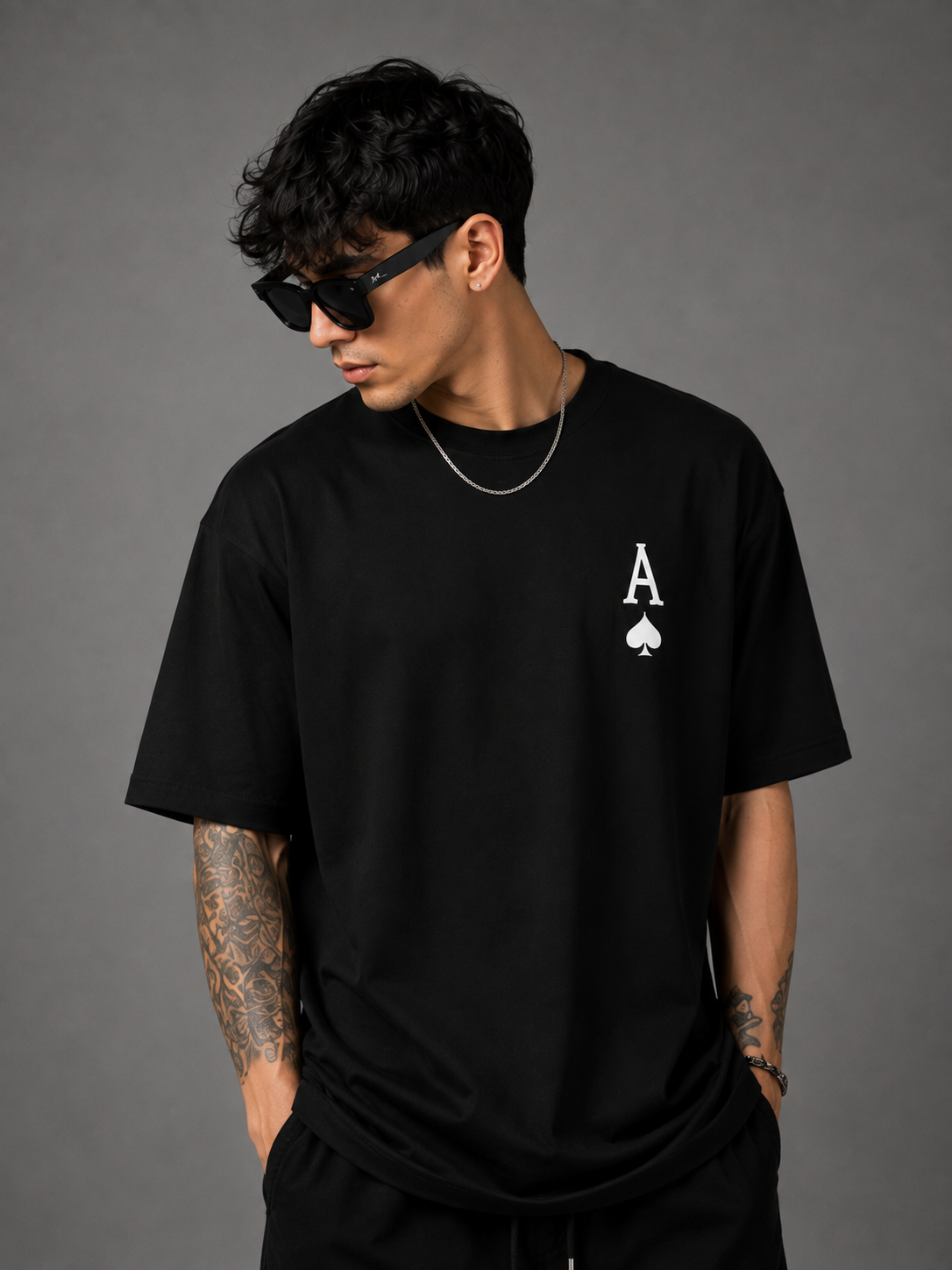 TEEVYBE Men’s Oversized Cotton T-Shirt | Ace of Spades Graphic Print | Relaxed Fit Casual Half Sleeve T-Shirt