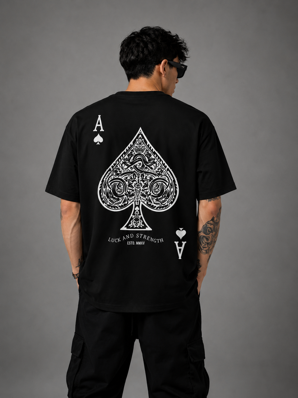 TEEVYBE Men’s Oversized Cotton T-Shirt | Ace of Spades Graphic Print | Relaxed Fit Casual Half Sleeve T-Shirt