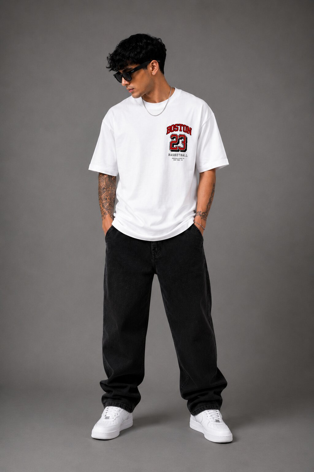 TeeVybe TeeVybe Men’s White Oversized Graphic Printed Round Neck T-Shirt – Boston 23 Basketball Back Print