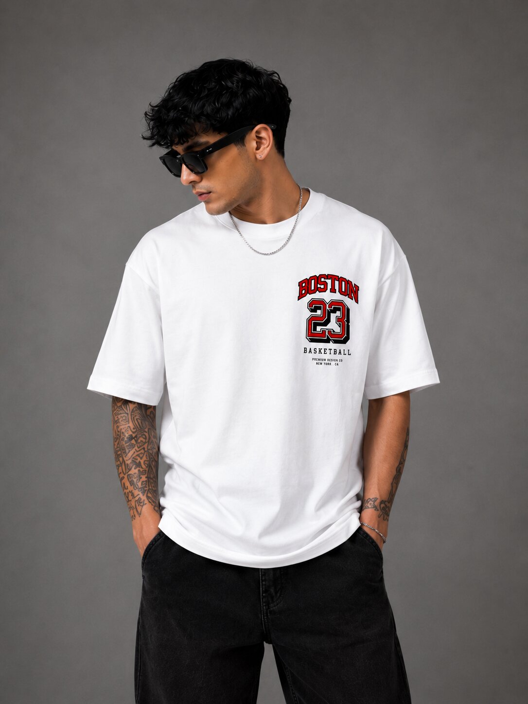 TeeVybe TeeVybe Men’s White Oversized Graphic Printed Round Neck T-Shirt – Boston 23 Basketball Back Print